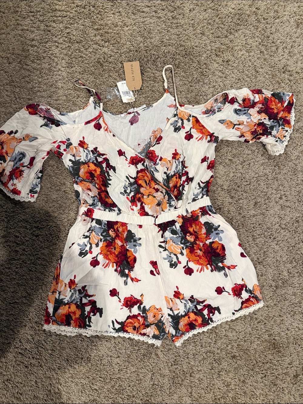 Blu Pepper White Floral Cold-Shoulder Romper with Orange & Red Blooms